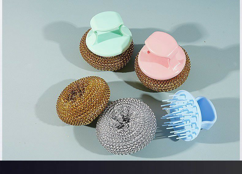 Boule de nettoyage de pot de brosse en fil d'acier, pot anti-rayures en PET, anti-perte, huile antiadhésive, fournitures de cuisine, brosse à vaisselle avec poignée