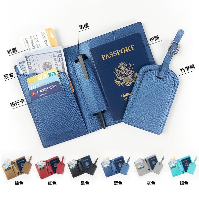 Portefeuille multifonctionnelle et routage de câbles, cuir PU à bords huilés, Sacoche de passeport à motif croisé, Mini porte monnaie avec porte d'étiquettes de bagages