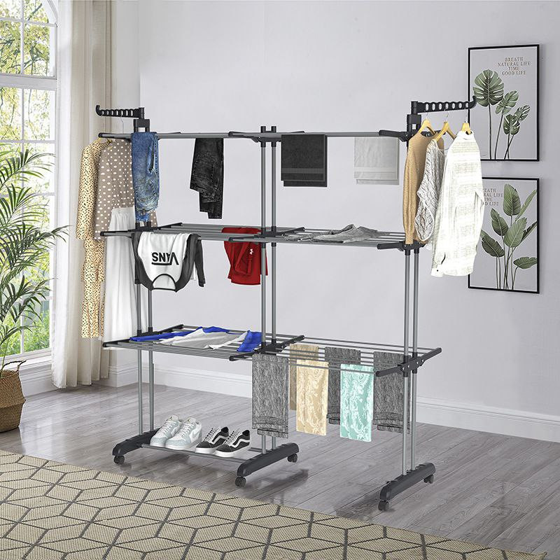 Nouveau étendoir à linge télescopique à double rangée, étendoir à vêtements multifonctionnel pliable à trois couches, étendoir mobile pour balcon de chambre